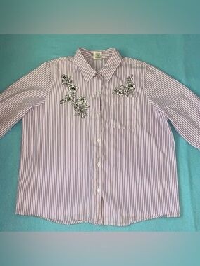 BLAIR floral embroidered pinstriped button up purple white short sleeve size L